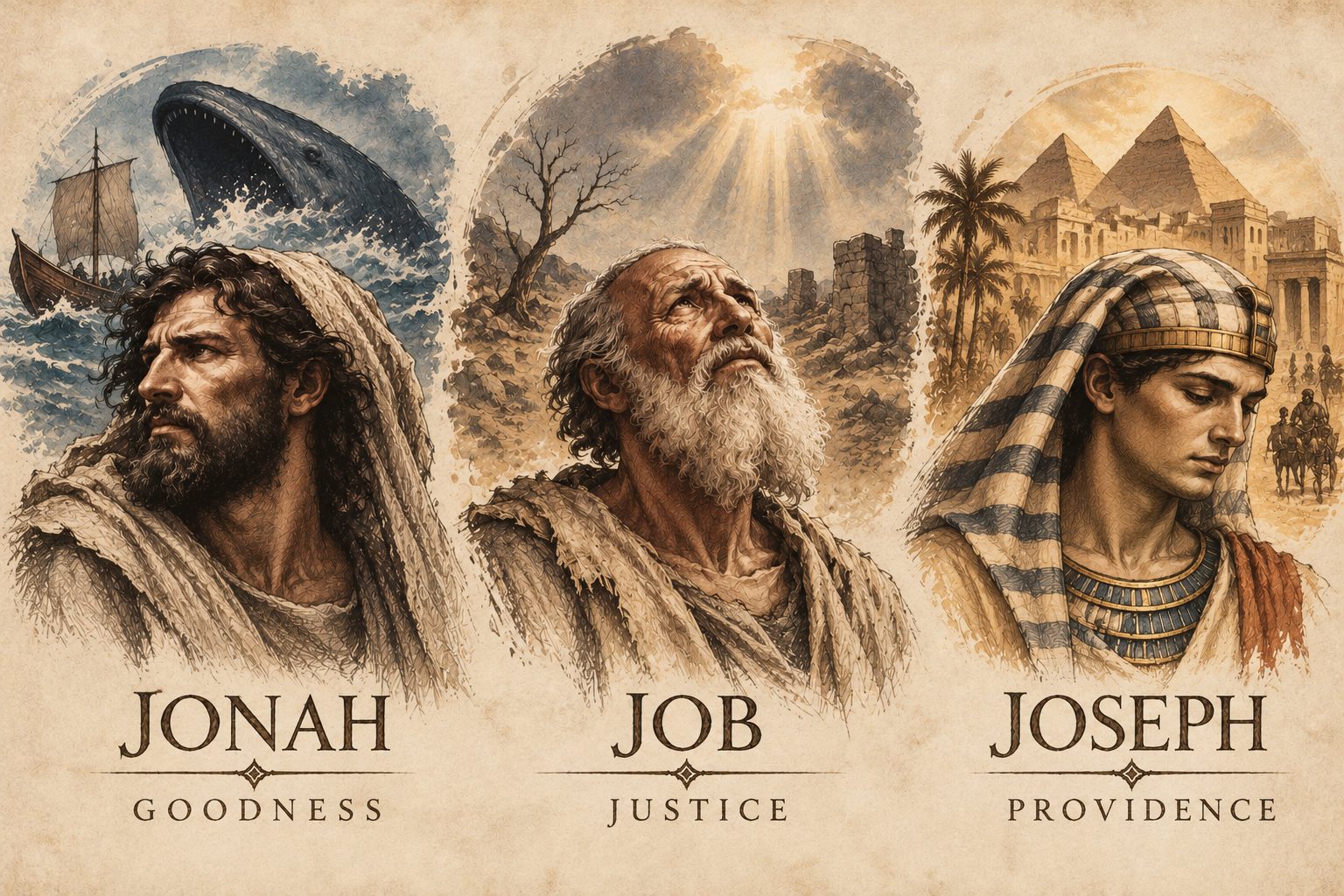 Illustrated portraits of Jonah, Job and Joseph, labeled Goodness, Justice and Providence